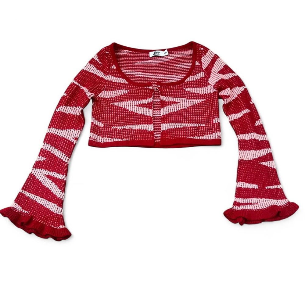 Tiger Mist Red and Light Pink Cropped Knit Cardigan